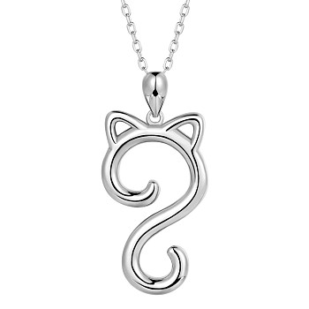 Rhodium Plated 925 Sterling Silver Cat Pendant Necklace for Women, Platinum, 15.35 inch(39cm)