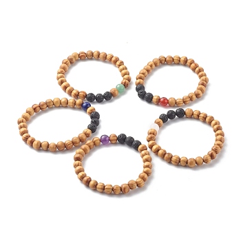 Natural Wood Beads Stretch Bracelets, with Natural Mixed Gemstone Beads, Round, Inner Diameter: 2-3/8 inch(5.9cm)