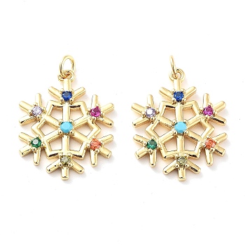 Rack Plating Brass Micro Pave Colorful Grade AAA Cubic Zirconia Pendants, with Jump Ring, Long-Lasting Plated, Cadmium Free & Lead Free, Snowflake, Real 18K Gold Plated, 19x16x2.5mm, Hole: 2mm
