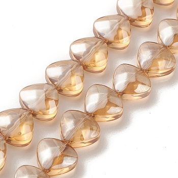 Transparent Electroplate Glass Bead Strands, Pearl Luster Plated, Heart, BurlyWood, 12x13x7mm, Hole: 1mm, about 55pcs/strand, 25.51''(64.8cm)