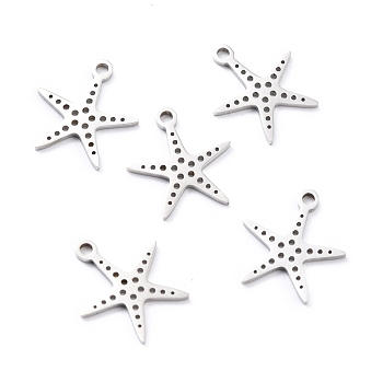 201 Stainless Steel Charms, Laser Cut, Manual Polishing, Starfish, Stainless Steel Color, 14x13x1mm, Hole: 1.5mm