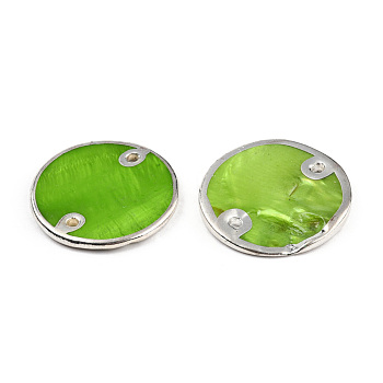 Spray Painted Natural Freshwater Shell Connector Charms, Sliver Plated Edg, Flat Round, Lime Green, 25x2~3mm, Hole: 1.8mm