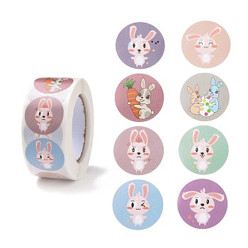 8 Patterns Easter Theme Self Adhesive Paper Sticker Rolls, with Rabbit Pattern, Round Sticker Labels, Gift Tag Stickers, Mixed Color, Rabbit Pattern, 25x0.1mm, 500pcs/roll