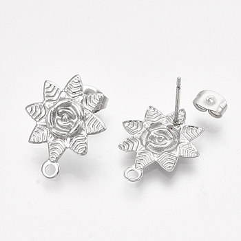 304 Stainless Steel Stud Earring Findings, with Loop and Ear Nuts/Earring Backs, Flower, Stainless Steel Color, 20x17mm, Hole: 1.8mm, Pin: 0.8mm