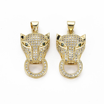 Brass Micro Pave Clear Cubic Zirconia Pendants, Nickel Free, Leopard, Real 18K Gold Plated, 25.5x14.5x6.5mm, Hole: 3x5mm