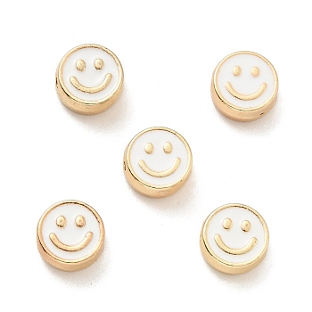 Alloy Enamel Beads, Golden, Flat Round with Smiling Face, White, 8x4mm, Hole: 1.6mm