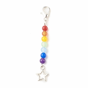 Chakra Theme Natural & Dyed Malaysia Jade Beaded Pendant Decorations, with Lobster Claw Clasps, Alloy Pendants, Star, Colorful, 49mm