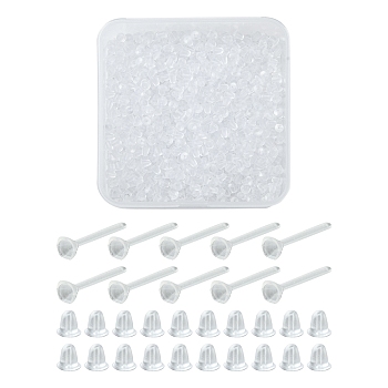 500Pcs Plastic Stud Earring Settings for Rhinestone, with 1000Pcs Bell Ear Nuts, Clear, 12x3mm, Pin: 0.8mm, Fit for 2.5mm Rhinestone