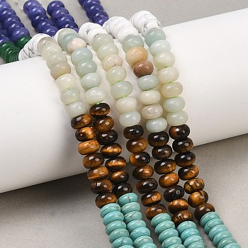 Natural Flower Amazonite & Dyed White Jade & Tiger Eye & Howlite & Quartz Crystal & Synthetic Turquoise Beads Strands, Rondelle, Mixed Color, 6x4mm, Hole: 1mm, about 95pcs/strand, 15.31''(38.9cm)