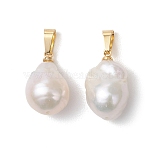 Natural Baroque Pearl Keshi Pearl Pendants, Round Charms with 304 Stainless Steel Snap on Bails, Seashell Color, Golden, 18.5~19x12x10~11.5mm, Hole: 6x3mm(PALLOY-JF05003)