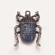 Brass Micro Pave Cubic Zirconia Pendants, Beetle, Blue, Gunmetal, 22.5x16.5x4mm, Hole: 1.5mm(ZIRC-K078-04B)
