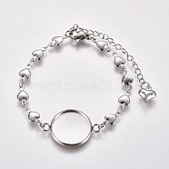 304 Stainless Steel Bracelet Making, with Lobster Claw Clasps, Heart Link Chains and Flat Round Cabochon Settings, Stainless Steel Color, Tray: 16mm, 6 inch(15.3cm)(STAS-WH0014-26P)