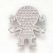 Brass Micro Pave Cubic Zirconia Links, Little Girl, Clear, Platinum, 19x16x2mm, Hole: 1mm(ZIRC-Q015-035P)