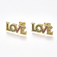 Brass Cubic Zirconia Stud Crawler Earrings, Climber Earrings, with Ear Nuts, Word LOVE, Golden, 8x19.5mm, Pin: 0.7mm(EJEW-S201-114)