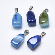 Natural Banded Agate/Striped Agate Pendants, Dyed, with Stainless Steel Snap On Bails, Cuboid, Stainless Steel Color, Sky Blue, 20~23x9~13x9~13mm, Hole: 3~4x7~8.5mm(G-T122-20H)