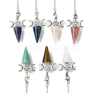 Natural Mixed Stone Cone Dowsing Pendulum Big Pendants, with Triple Moon Rack Plating Platinum Plated Brass Findings, Cadmium Free & Lead Free, 220~230mm, Hole: 1.5~2mm(G-C114-01P)