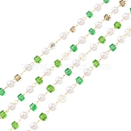 Faceted Cube Glass & ABS Plastic Imitation Pearl Beaded Chains, with Light Gold 304 Stainless Steel Findings, Soldered, Yellow Green, Cube: 2.5x2.5x2.5mm, Round: 2.5x3mm(CHS-G026-02KCG-01)