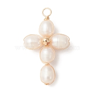 Natural Freshwater Pearl Copper Wire Wrapped Pendants, Cross Charms with Brass Round Beads, Golden, Seashell Color, 36~42.5x20~24.5x7~7.5mm, Hole: 3~3.5mm(PALLOY-JF02154-02)