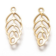 304 Stainless Steel Filigree Charms, Leaf, Real 18k Gold Plated, 13x5.5x0.5mm, Hole: 0.9mm(X-STAS-H130-14G)
