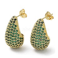 Cubic Zirconia Teardrop Stud Earrings, Real 16K Gold Plated Brass Earrings for Woman, Dark Green, 20x12mm(EJEW-H137-01G-03)