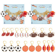 Sports Theme Rugby/Football/Basketball/Baseball Pendant Stitch Markers, Alloy Enamel Crochet Leverback Clasp Charms, Locking Stitch Marker with Wine Glass Charm Ring, Mixed Color, 2.9~5.2cm, 6 style, 3pcs/style, 18pcs/set(HJEW-AB00428)