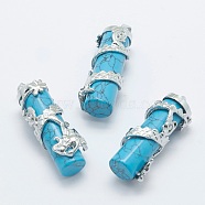Synthetic Turquoise Pendants, with Brass Findings, Column with Dragon, Platinum, Dyed, 40.5~41.5x14x15mm, Hole: 3.5x5mm(G-O163-E02)