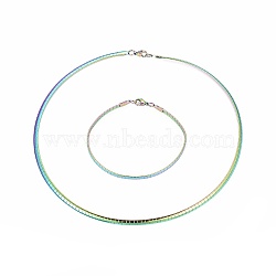304 Stainless Steel Choker Necklaces and Bangles Jewelry Sets, with Lobster Claw Clasps, Rainbow Color, 8-1/8 inch(20.5cm), 17.7 inch(45cm), 4mm(SJEW-L144-A02-M)