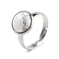 Half Round Natural Howlite Finger Rings, 304 Stainless Steel Adjustable Rings for Women, Round Cabochons: 10mm, US Size 6(16.5mm), 3mm(RJEW-M062-01P-43)