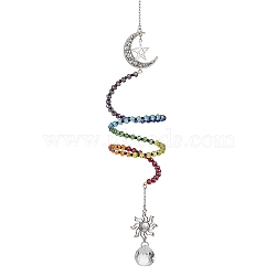 Glass Spiral Pendant Decorations, Alloy Moon & Star & Sun Charms for Home Decorations, Antique Silver & Stainless Steel Color, 350mm(HJEW-TA00269)