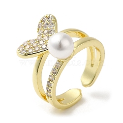 Heart Brass Micro Pave Cubic Zirconia Open Cuff Ring for Women, with Plastic Imitation Pearl Beaded, Golden, Wide: 5~16.5mm, Inner Diameter: 18mm(RJEW-F154-03G-A)