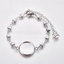 304 Stainless Steel Bracelet Making, with Lobster Claw Clasps, Heart Link Chains and Flat Round Cabochon Settings, Stainless Steel Color, Tray: 16mm, 6 inch(15.3cm)(STAS-WH0014-26P)