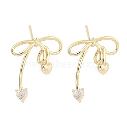 Heart Bowknot Brass Pave Clear Cubic Zirconia Stud Earrings for Women, Golden, 22.5x20x3.5mm(EJEW-S216-02A-G)