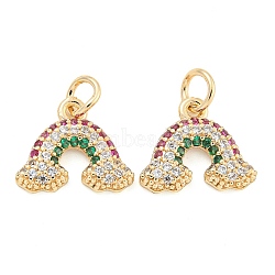 Rack Plating Brass Micro Pave Cubic Zirconia Charms, Long-Lasting Plated, Lead Free & Cadmium Free, Rainbow Charm, with Jump Ring, Colorful, Real 14K Gold Plated, 11x13x2mm, Hole: 3.5mm(KK-F089-12G)