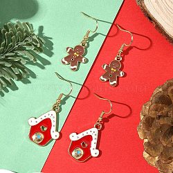 2 Pairs 304 Stainless Steel Dangle Earrings, with Alloy Enamel Pendants, House & Gingerbread Man, Golden, Mixed Color, 36~42.5x14~21mm(EJEW-JE06599)