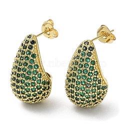 Cubic Zirconia Teardrop Stud Earrings, Real 16K Gold Plated Brass Earrings for Woman, Dark Green, 20x12mm(EJEW-H137-01G-03)