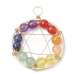 Gemstone Copper Wire Wrapped Pendants, Chakra Flat Round Charms with Brass Beads, Mixed Dyed and Undyed, Golden, 31x25x4.5mm, Hole: 4mm(PALLOY-JF02305-01)