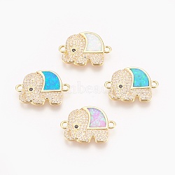 Brass Micro Pave Cubic Zirconia Links, with Synthetic Opal, Elephant, Mixed Color, Golden, 19x14x2mm, Hole: 1.6mm(KK-O107-18G)