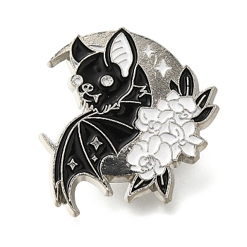 Black Bat Enamel Pins, Halloween Alloy Brooches for Backpack Clothes, Platinum, 29x26mm