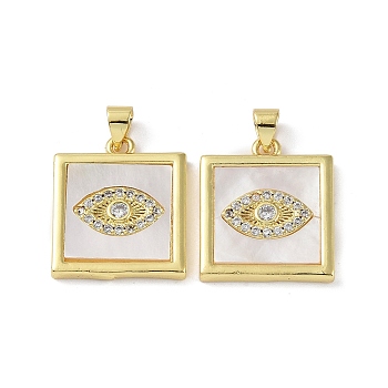 Rack Plating Brass Micro Pave Clear Cubic Zirconia Pendants, with Shell, Long-Lasting Plated, Lead Free & Cadmium Free, Real 18K Gold Plated, Eye, 21x18x2.5mm, Hole: 4x3mm