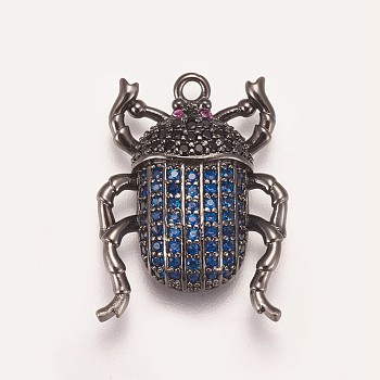 Brass Micro Pave Cubic Zirconia Pendants, Beetle, Blue, Gunmetal, 22.5x16.5x4mm, Hole: 1.5mm