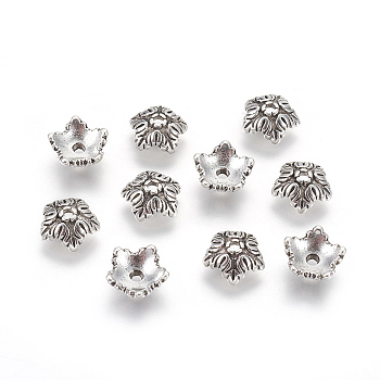 Tibetan Style Bead Caps, Cadmium Free & Lead Free, 5-Petal, Flower, Antique Silver, 10x4mm, Hole: 1mm