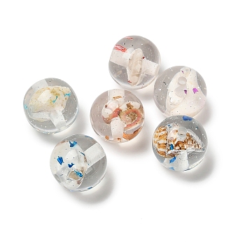 Ocean Theme Transparent Resin Beads, Round with Shell Shape & Glitter Powder, Mixed Color, 16~16.5x15.5~16mm, Hole: 2mm