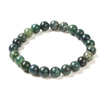 Natural Moss Agate Beaded Stretch Bracelets, Round, 2 inch(5.2cm), Bead: 8mm