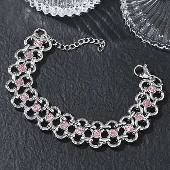 304 Stainless Steel Light Rose Rhinestone Bowknot Link Chain Bracelets, Stainless Steel Color, 7.76 inch(19.7cm)
