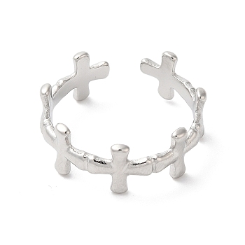 304 Stainless Steel Cross Open Cuff Ring for Women, Stainless Steel Color, Inner Diameter: 17mm