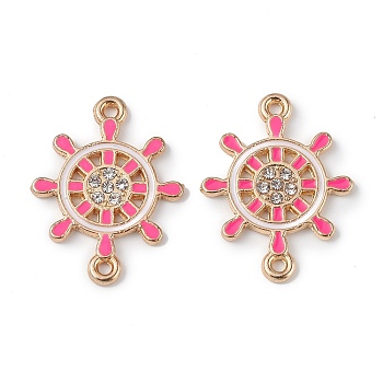Alloy Enamel Connector Charms, Helm Links with Crystal Rhinestone, Light Gold, Cadmium Free & Nickel Free & Lead Free, Hot Pink, 22x16.8x1.7mm, Hole: 1.2mm