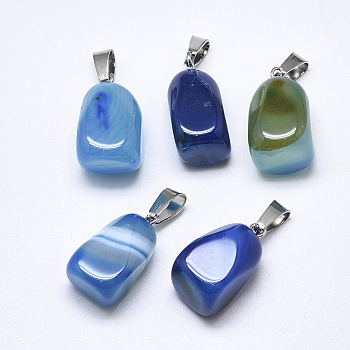 Natural Banded Agate/Striped Agate Pendants, Dyed, with Stainless Steel Snap On Bails, Cuboid, Stainless Steel Color, Sky Blue, 20~23x9~13x9~13mm, Hole: 3~4x7~8.5mm