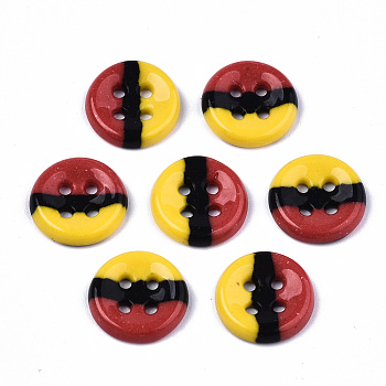 4-Hole Handmade Lampwork Sewing Buttons, Tri-colored, Flat Round, FireBrick, 11.5x2.5mm, Hole: 1.2mm
