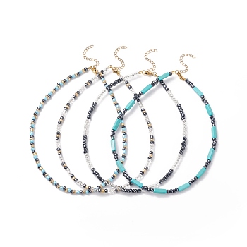 4Pcs 4 Style Synthetic Turquoise & Glass Seed Beaded Necklaces Set, Gemstone Jewelry for Women, Mixed Color, 15~15.08 inch(38.1~38.3cm), 1Pc/style