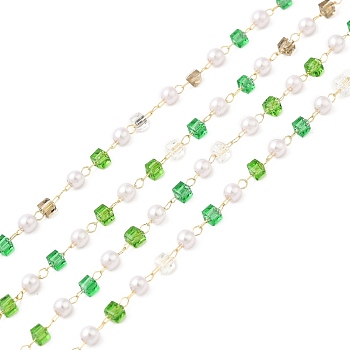 Faceted Cube Glass & ABS Plastic Imitation Pearl Beaded Chains, with Light Gold 304 Stainless Steel Findings, Soldered, Yellow Green, Cube: 2.5x2.5x2.5mm, Round: 2.5x3mm